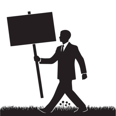 Çim vektör sanatı üzerinde yürürken tabela tutan protestocu silueti
