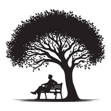 Ağacın Altında Oturan Adam Silüet Vektör Grafik Çizimi
