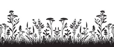Siluet Vahşi Çimen ve Çiçekler Vektör Arkaplan Resimleri