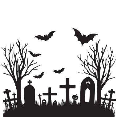 Hayalet Mezarlığı Siluet Vektörü Grafik Cadılar Bayramı Gecesi Sahnesi