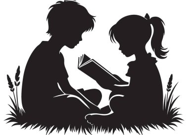 Kitap Okuyan Çocuklar Siluet Vektörü Eğitim Sanatı Öğreniyor
