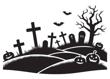 Cadılar Bayramı Mezarlık Sahnesi Balkabakları ve Mezar Taşları Siluet Vektör Tasarımı