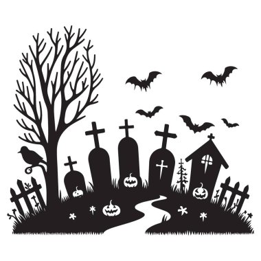Ürkütücü Cadılar Bayramı Mezarlığı Sahne Siluet Vektörü El Sanatları Projeleri Çizimi