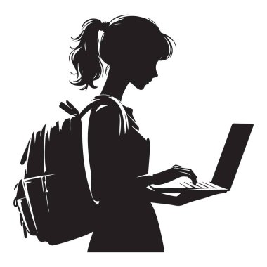 Öğrenci Silueti Çizimi Öğrenme ve Teknoloji İçin Dizüstü Bilgisayar Kullanıyor