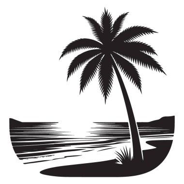 Plaj sahnesinde palmiye ağacı olan tropik cennet çizimleri