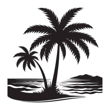 Palmiye ağaçları ve okyanus resimleriyle tropik plaj sahnesi