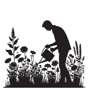 Bahçedeki bitkileri sulayan siluet adam doğa aşığı kavramı