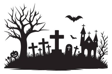 Kilise ve Çıplak Ağaç Siluetiyle Ürkütücü Cadılar Bayramı Mezarlığı Çizimi