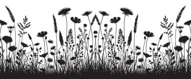 Yaban Çiçekleri ve Çimen Silueti Çayırı Çizim Panoramik Görünümü