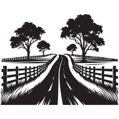 Ağaçlar ve Çit Resimli Ülke Yolu Yazdırma İçin Mükemmel