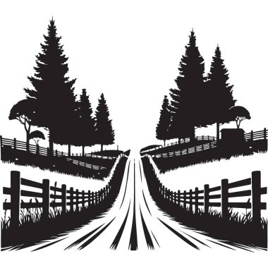 Çam Ormanının İçinden Sahne Yolu Çit Tasarımlı Çizim