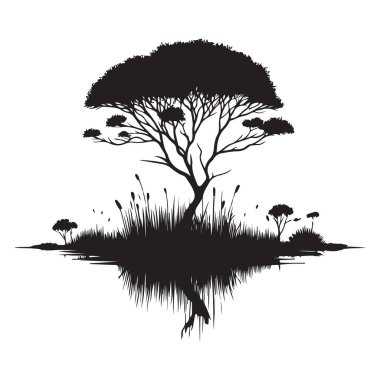 Afrika Ağacı Silüeti Kök Sistemi Resmetme Serene Doğa Vektörü Sanatı