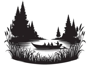 Gölde insanlarla dolu bir tekne. Etrafı doğa eserleriyle çevrili.