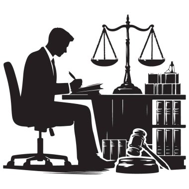 Siluet avukatı adalet vektör illüstrasyonunun terazisiyle masada.