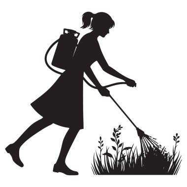 Siluet kadın bitkilere tank vektör çizim bahçesi püskürtüyor.