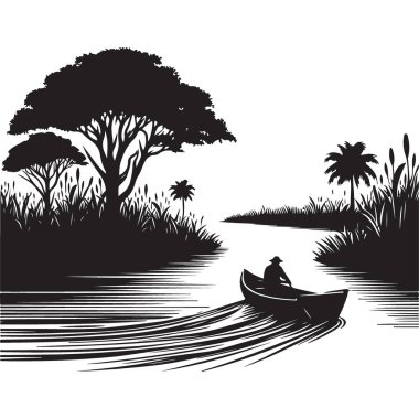 Nehir manzarasında kürek çeken bir adamın silueti.