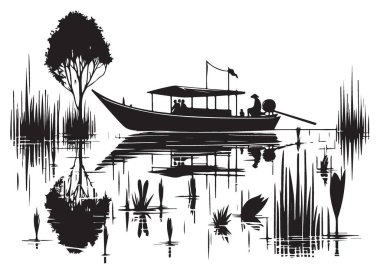 Silhouette of a Traditional Boat on the Water with Reflections Artwork