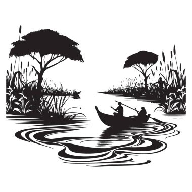 Silhouette Boat Ride Vector Landscape Design with People and Nature