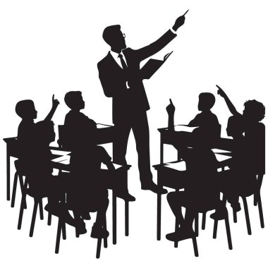 Siluet Öğretmeninin Öğrencileri Eğitmesi Sınıfta El Kaldırması Ayarlama