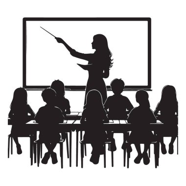 Siluet Öğretmeni Beyaz Tahta Yakınındaki Öğrencilere Dersi Açıklıyor