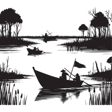 Swamp Silhouette Illustration with Fishermen on Boats in the River