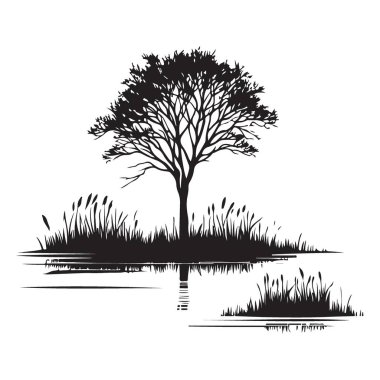 Huzur İçin Su Vektörü İllüstrasyonunda Siluet Ağacı Yansıması