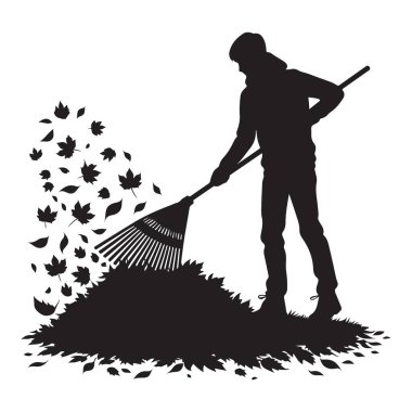 İnsan Tırmıklama Silueti Sonbahar İllüstrasyon Vektörü Grafiğini Bırakıyor