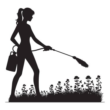 Haşere kontrolü için bitkilere böcek ilacı sıkan siluet kadın.