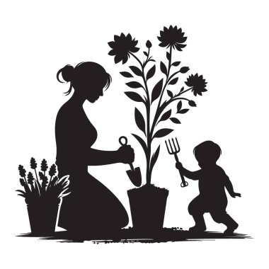 Anne ve Çocuk Bahçe Vektörü İllüstrasyonunun Silueti