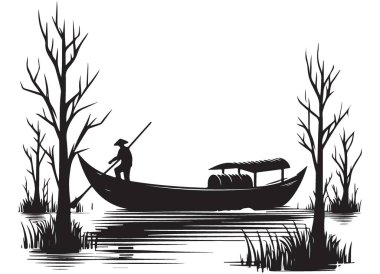 Serene Waters Fisherman Silhouette Illustration in a Boat Artwork