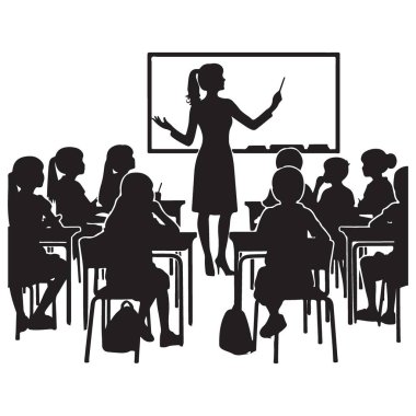 Sınıfta Öğretmen Silueti Öğrencilere Vektör İllüstrasyonunu Öğretmek