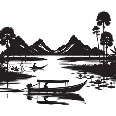 Sükunet Tropikal Su Yolları Silüeti Tekne Palmiyesi Çizimi