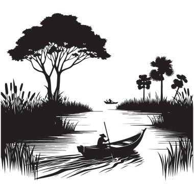 Tranquil Nehri Sahne Silueti Tekne ve Doğa Çizimleri