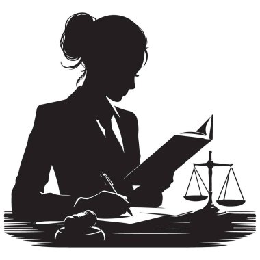 Siluet Kadın Avukat Masasında Adalet Vektörü Terazisiyle