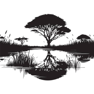 Siluet Ağacı Yansıması Çizimi ile Güzel Afrika Savannah Manzarası