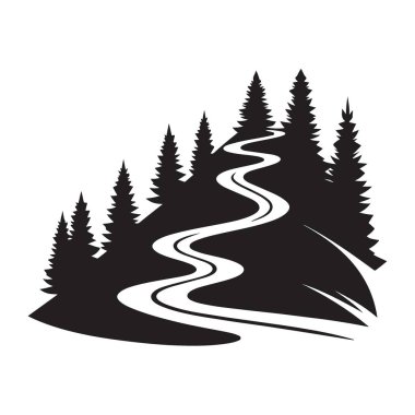 Ormanda Manzaralı Yol Silüet Vektör Macera İllüstrasyonu