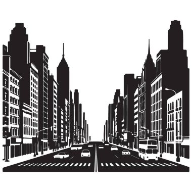 Cityscape Street View Binalar ve Trafik İllüstrasyonu