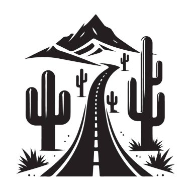 Kaktüs ve Dağ Siyah Siluet Sanatıyla Sahne Çölü Otobanı
