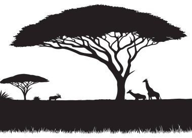 Afrika Safari Silüeti Hayvanlar ve Akasya Ağaçları Vektörüyle İllüstrasyon