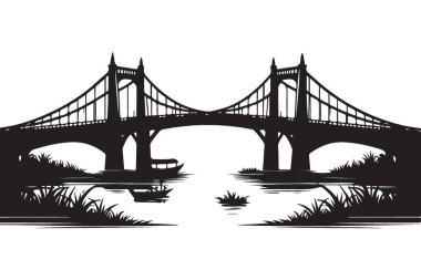 Nehir Resimlerinin Üzerinde Siluet Köprüsü Vektör Grafik Stoku