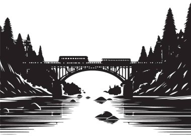 Köprüden Geçen Tren Silueti Resimli Vektör Resim Stoku