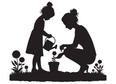 Anne ve Kız Bahçıvanlık Silueti Yürek ısıtan Siyah Çizim