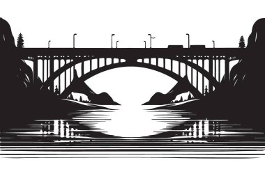 Suyun Üzerinde Dağlarla Köprü 'nün Siluet Vektör İlülasyonu