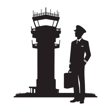 Havaalanı kontrol kulesindeki pilot seyahat endüstrisi için silüet çizimi