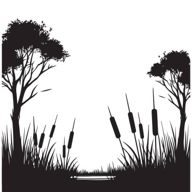 Huzurlu Bataklık Silüeti Resimleri Ağaçlar ve Kuyruk Kuyruğu Vektör Sanatı