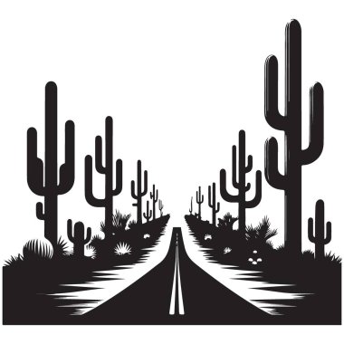 Çöl Yolu Silueti Vektör Sanat Kaktüs Manzarası Çizimi