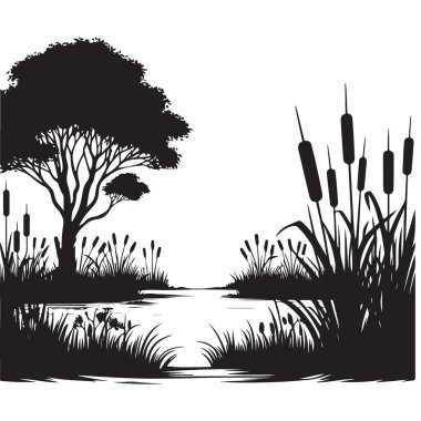 Gölcük Manzarası Siluet Vektör Sanatı Ağaç ve Çizgili Tasarım