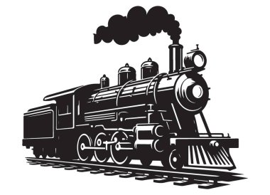 Vintage Steam Train Siluet Vektör İllüstrasyon Klasik Lokomotif Sanatı
