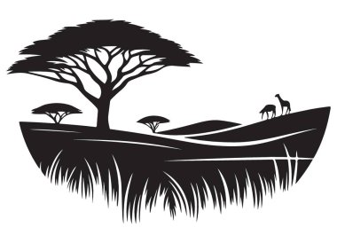 Afrika safari manzarası akasya ağaçları ve zürafalar siluet vektörü