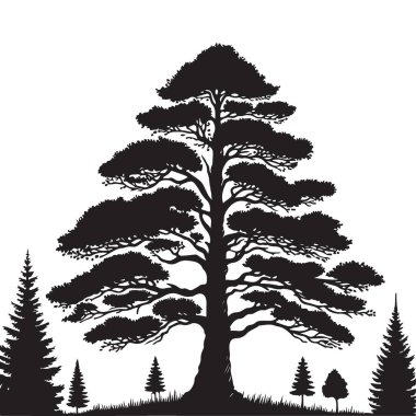 Görkemli Çam Ağacı Silüeti Orman Sahnesinde Vektör İllüstrasyonu
